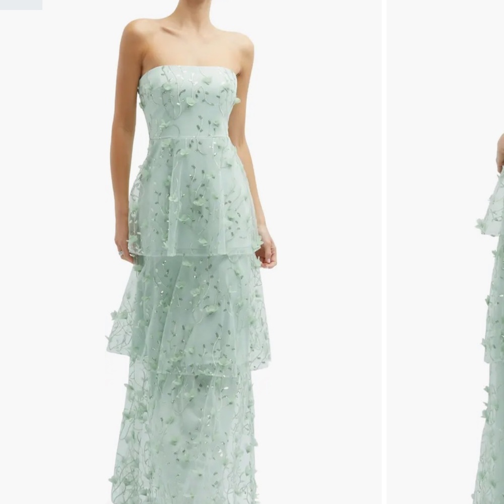 Green Strapless Ruffled Tiered Gown for Weddings